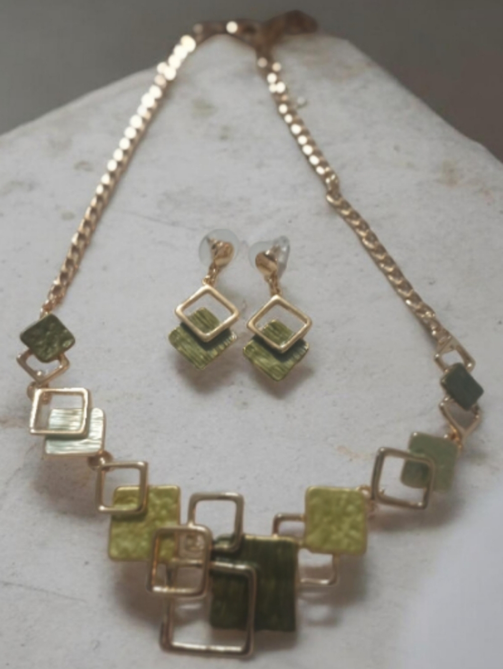 Gold-Tone Green Square Pendant Necklace and Earring Set